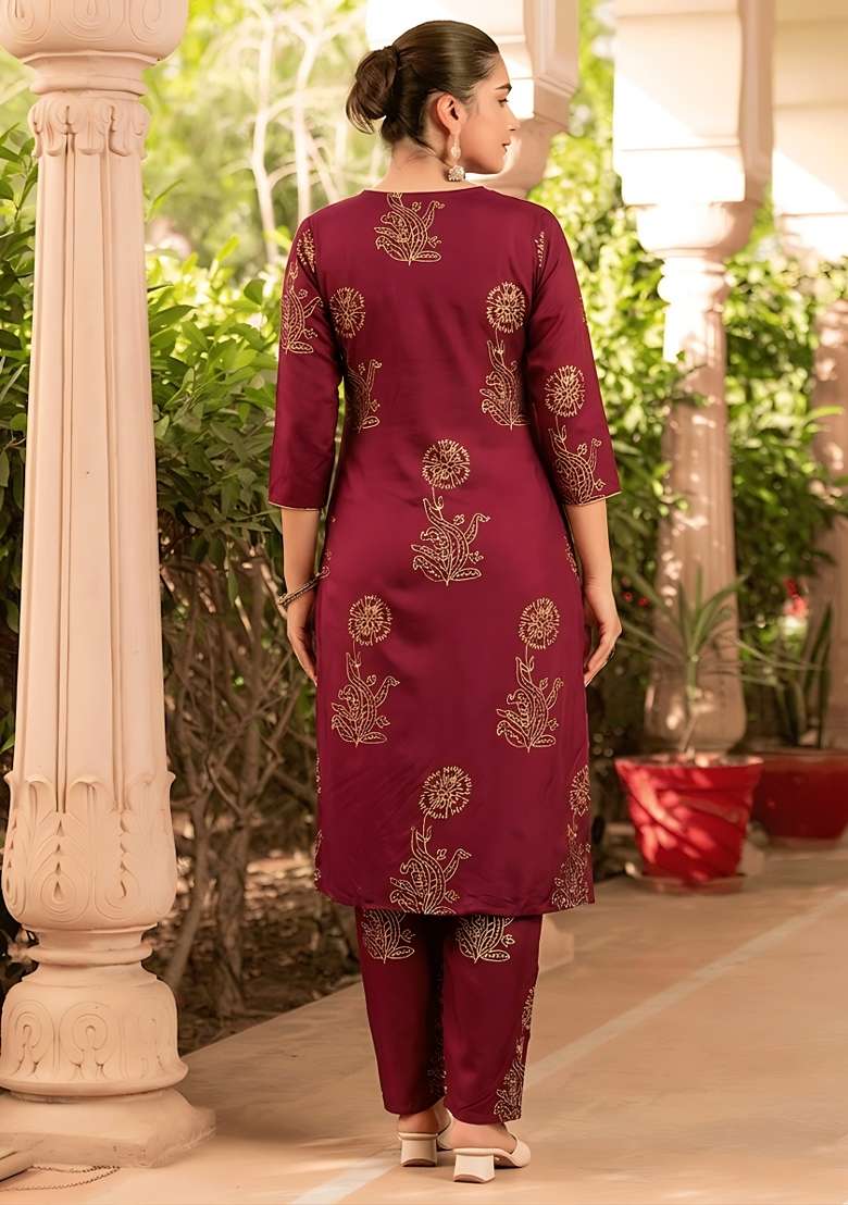 Wine Rayon Kurta Set - Indya