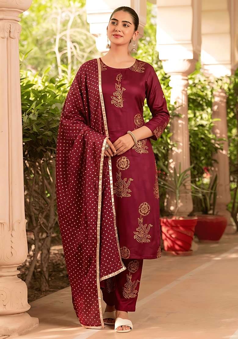 Wine Rayon Kurta Set - Indya