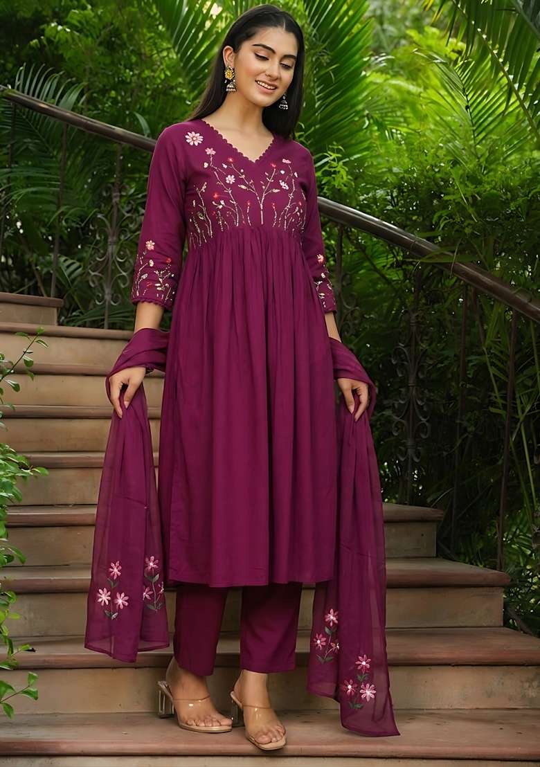 Wine Rayon Kurta Set - Indya
