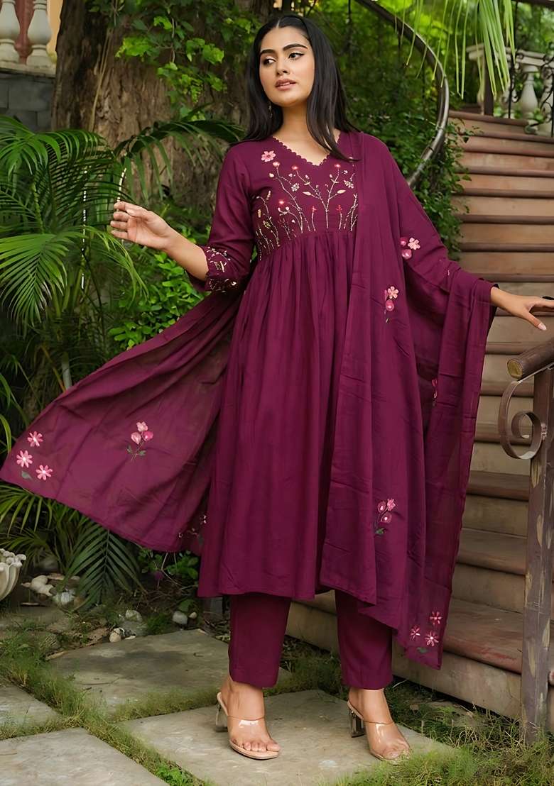 Wine Rayon Kurta Set - Indya