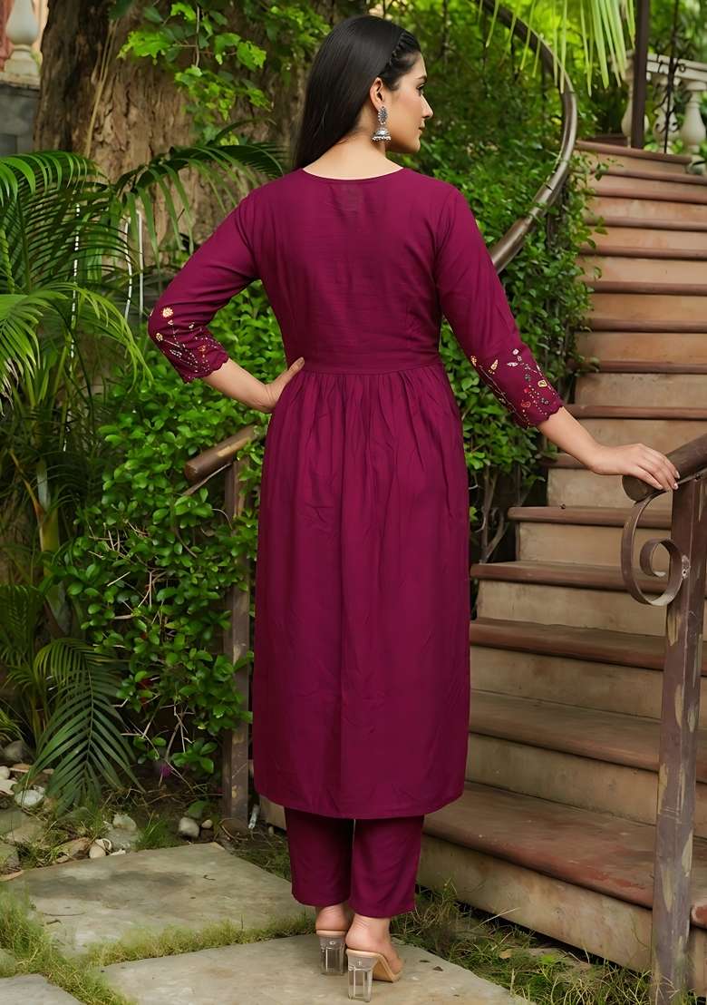 Wine Rayon Kurta Set - Indya