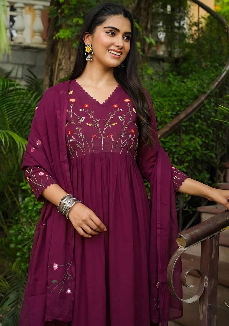 Wine Rayon Kurta Set - Indya