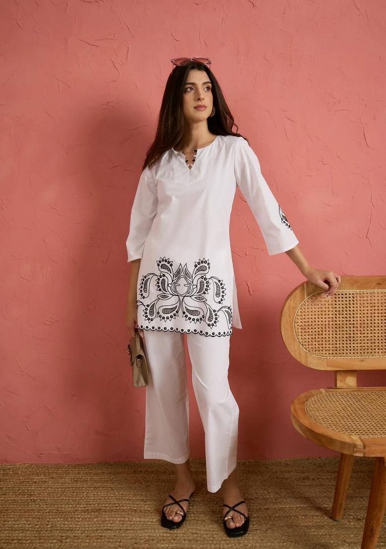 White Solid Poplin Kurta Set - Indya