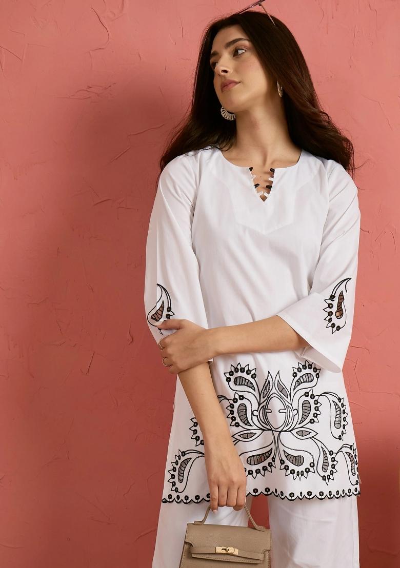 White Solid Poplin Kurta Set - Indya