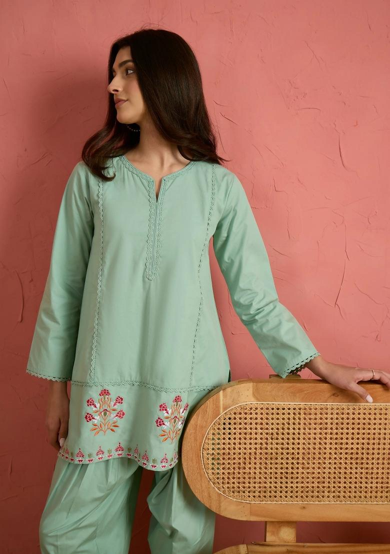 Sea Green Solid Poplin Kurta Set - Indya