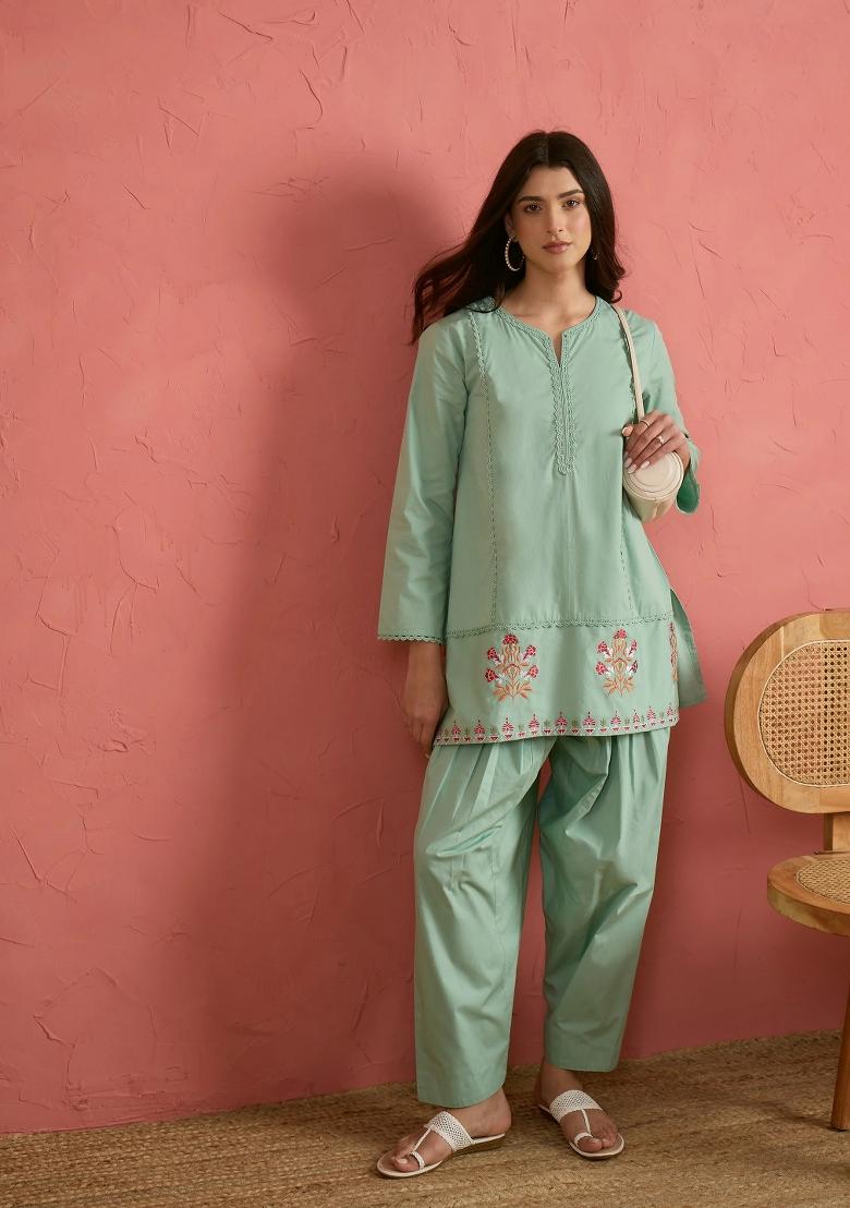 Sea Green Solid Poplin Kurta Set - Indya