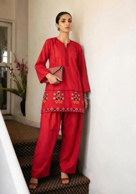 Red Solid Poplin Kurta Set