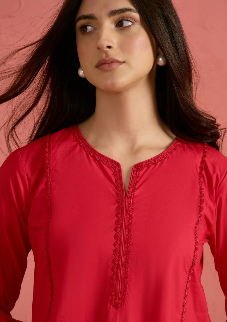 Red Solid Poplin Kurta Set - Indya