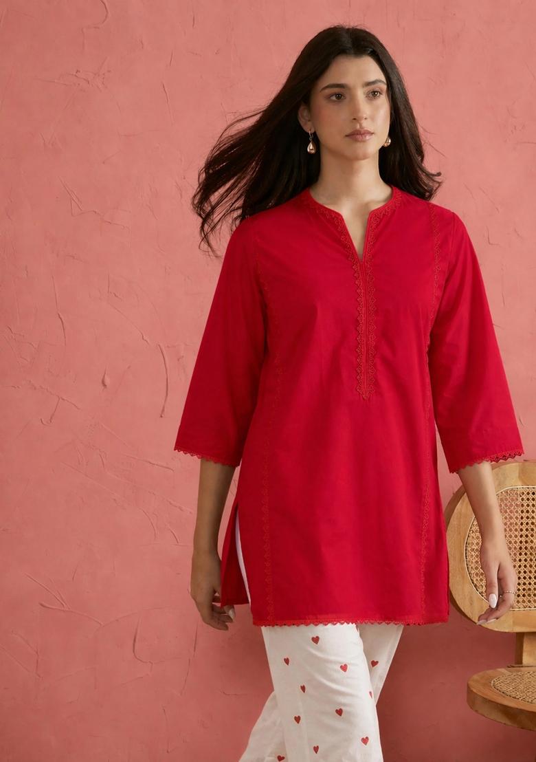 Red Printed Poplin Kurta Set - Indya