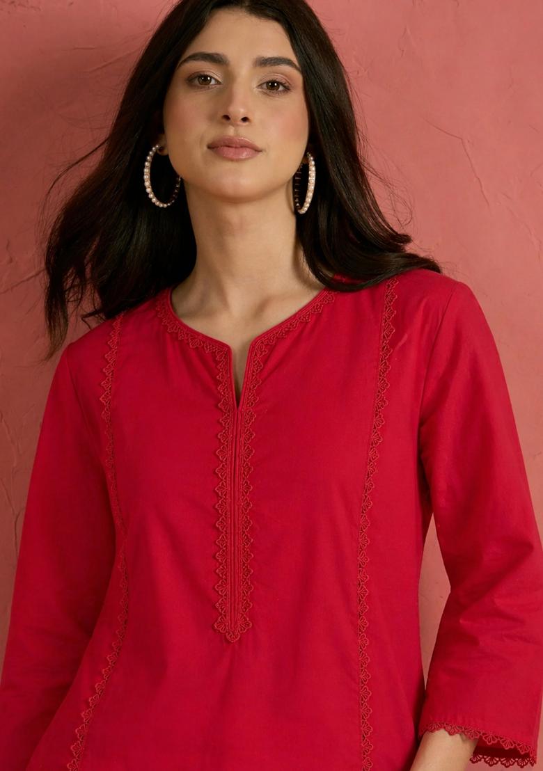 Red Printed Poplin Kurta Set - Indya