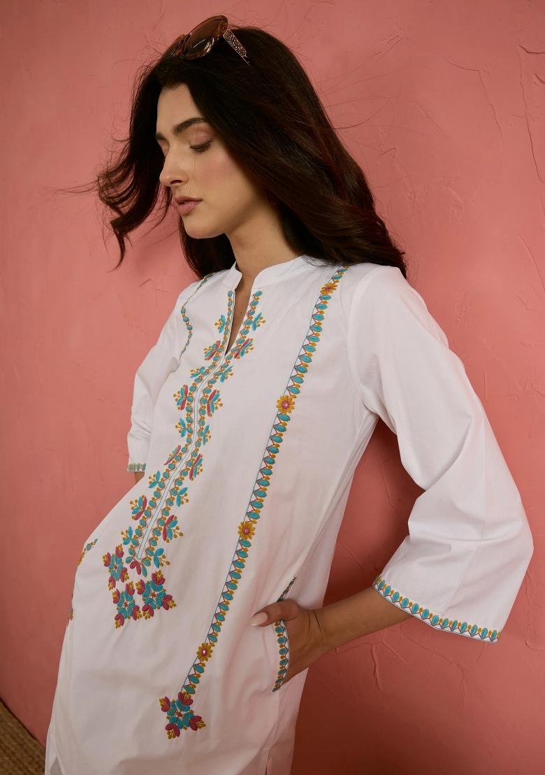 White Solid Poplin Kurta Set - Indya