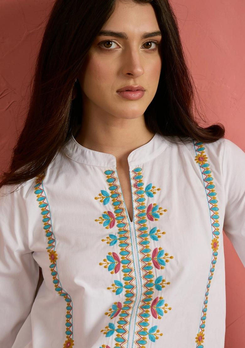 White Solid Poplin Kurta Set - Indya