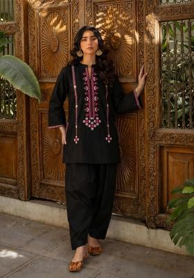 Black Solid Poplin Kurta Set