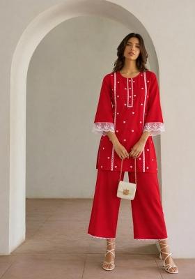 Red Solid Cotton Kurta Set