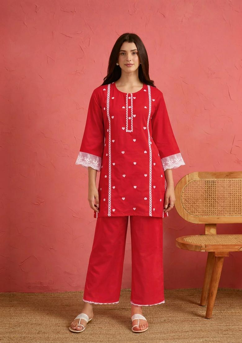 Red Solid Cotton Kurta Set - Indya