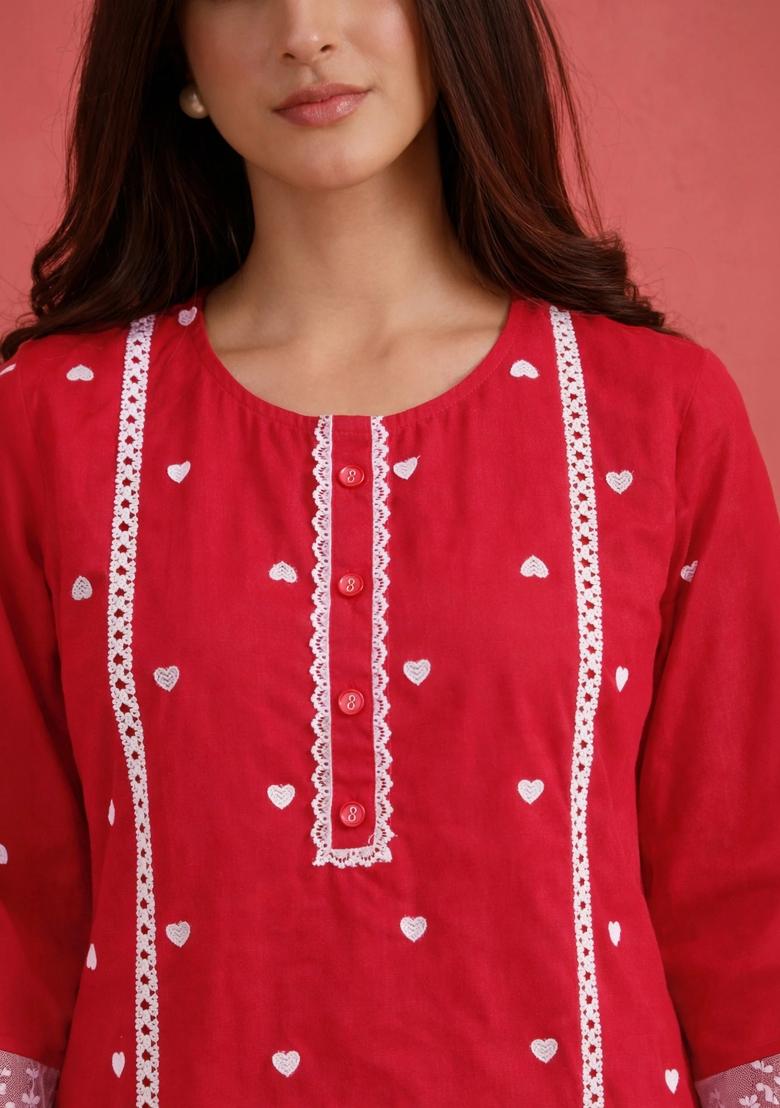 Red Solid Cotton Kurta Set - Indya