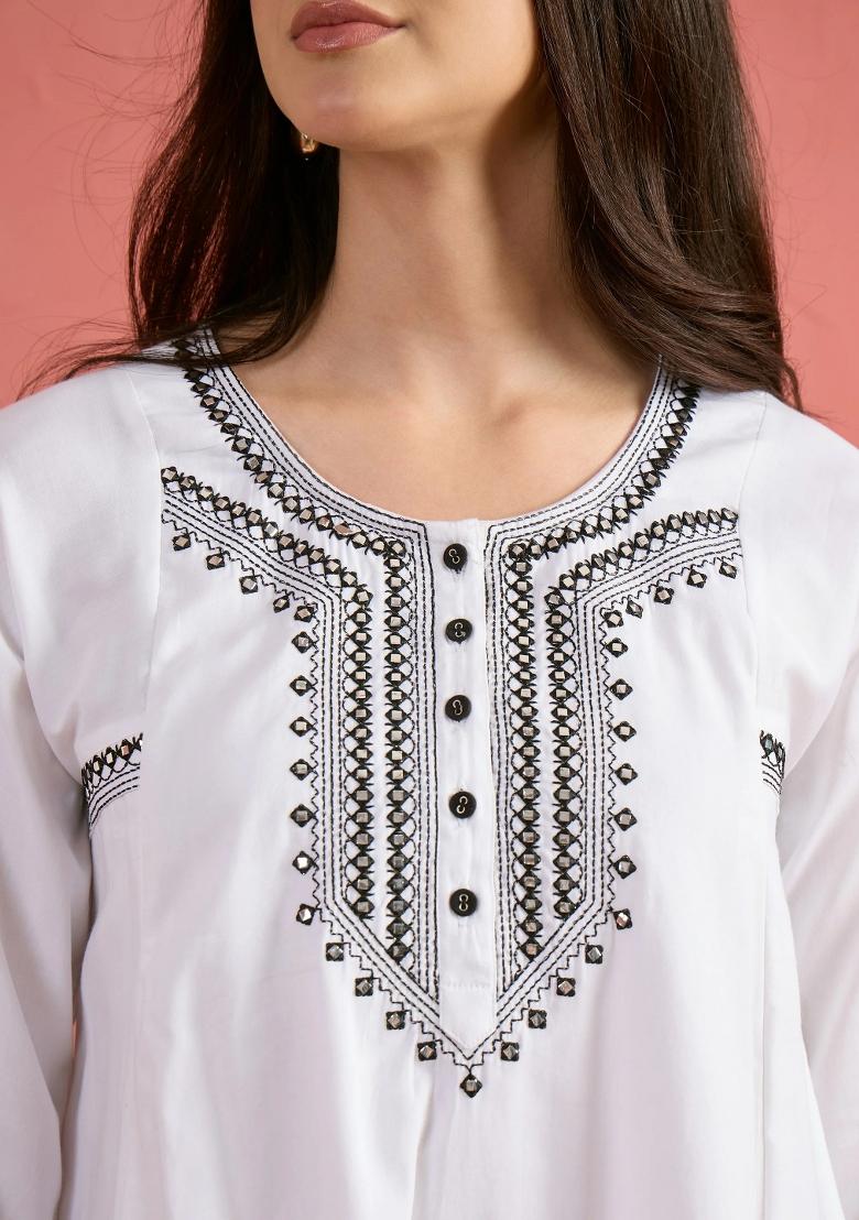 White Solid Cotton Kurta Set - Indya