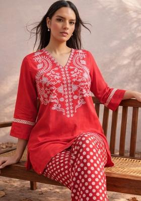 Red Printed Rayon Kurta Set