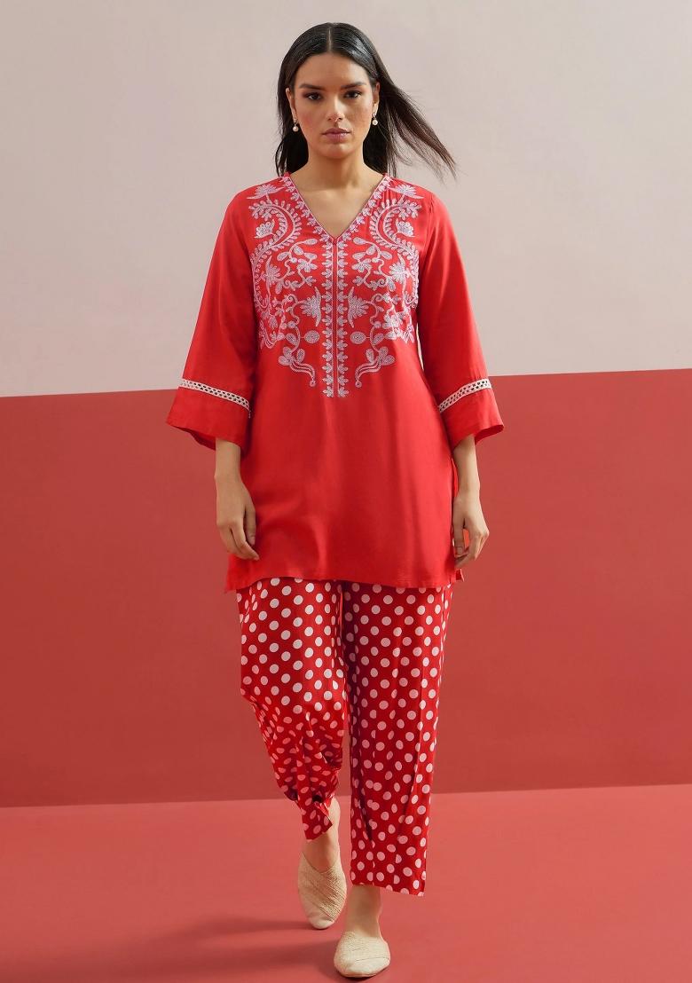 Red Printed Rayon Kurta Set - Indya