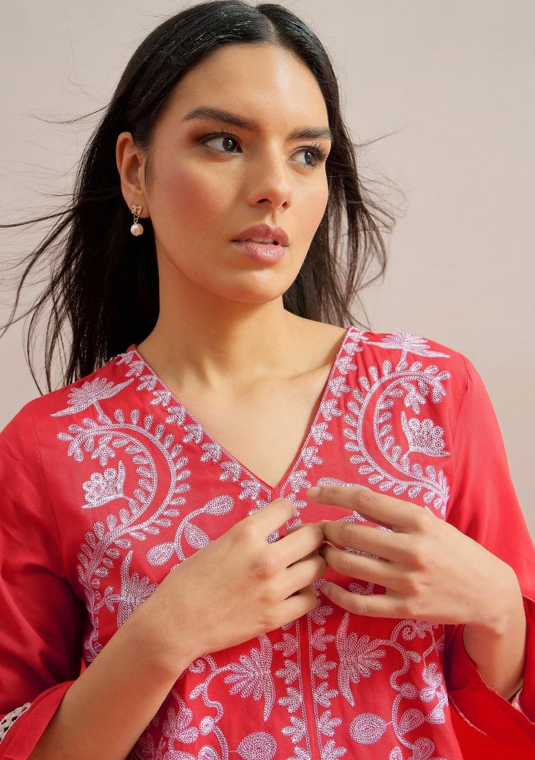 Red Printed Rayon Kurta Set - Indya