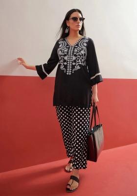 Black Printed Rayon Kurta Set