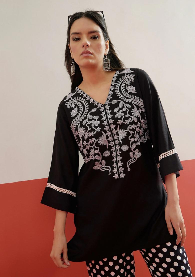 Black Printed Rayon Kurta Set - Indya