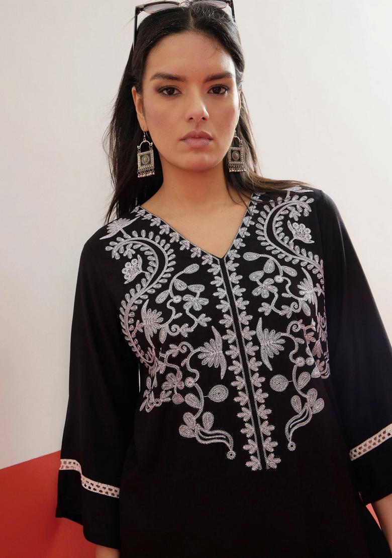 Black Printed Rayon Kurta Set - Indya