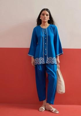 Blue Solid Rayon Kurta Set