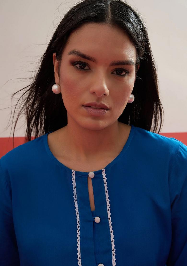 Blue Solid Rayon Kurta Set - Indya