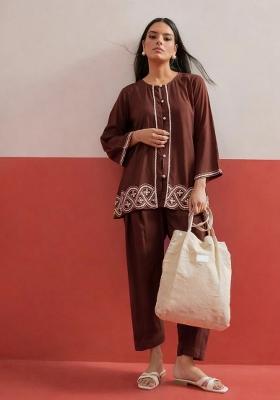 Brown Solid Rayon Kurta Set