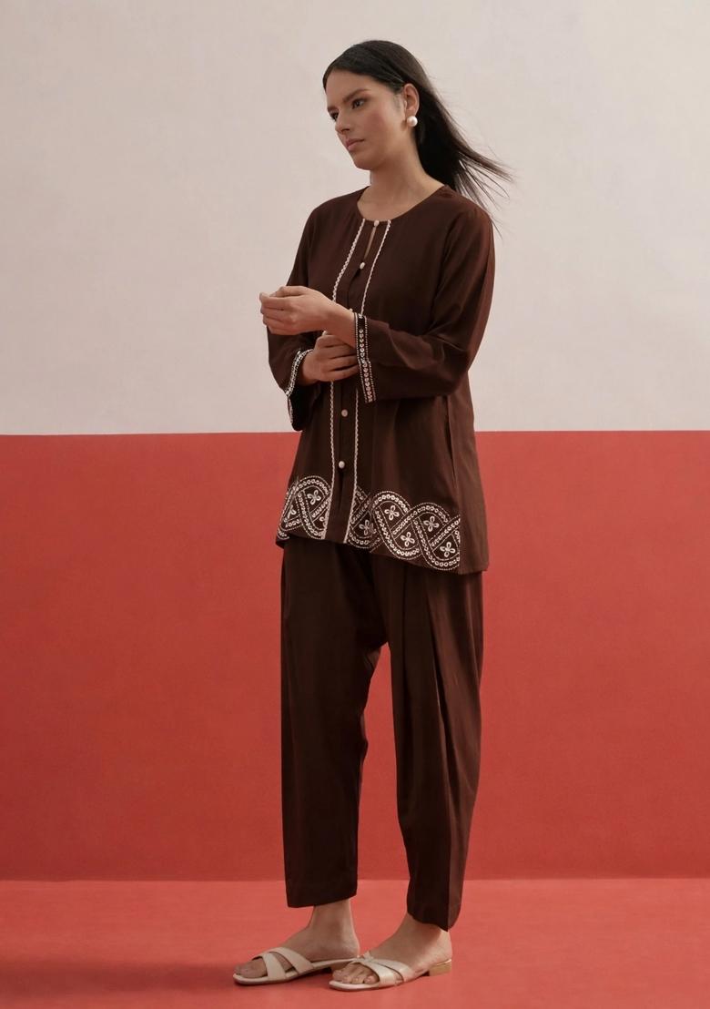Brown Solid Rayon Kurta Set - Indya
