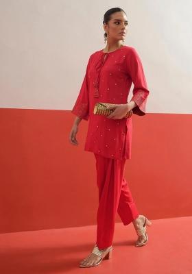 Red Solid Rayon Kurta Set