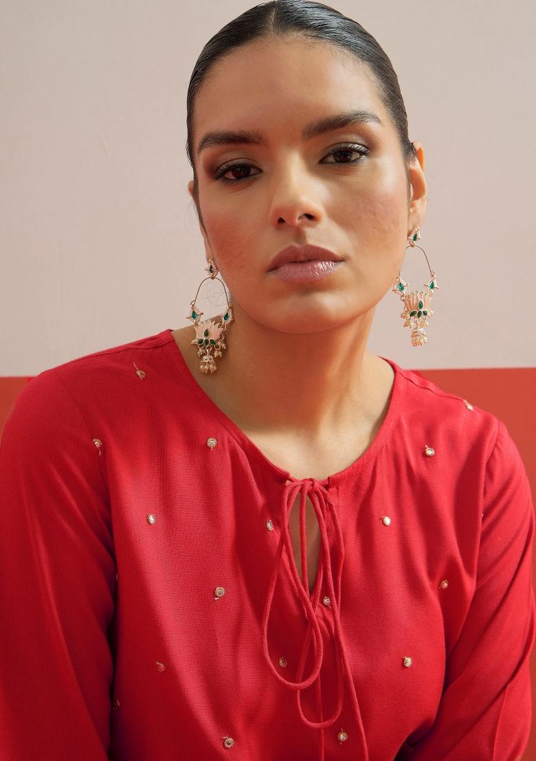 Red Solid Rayon Kurta Set - Indya