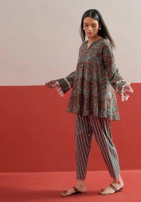 Green Printed Cotton Kurta Set