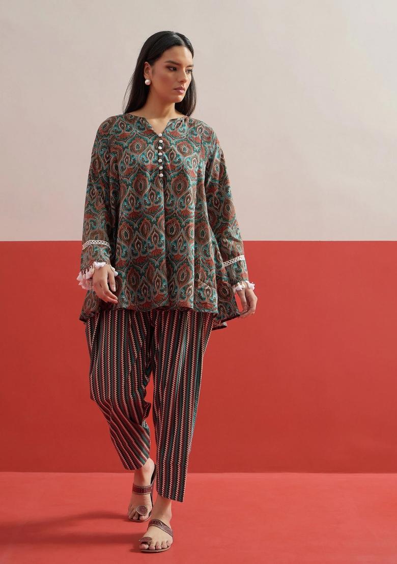 Green Printed Cotton Kurta Set - Indya