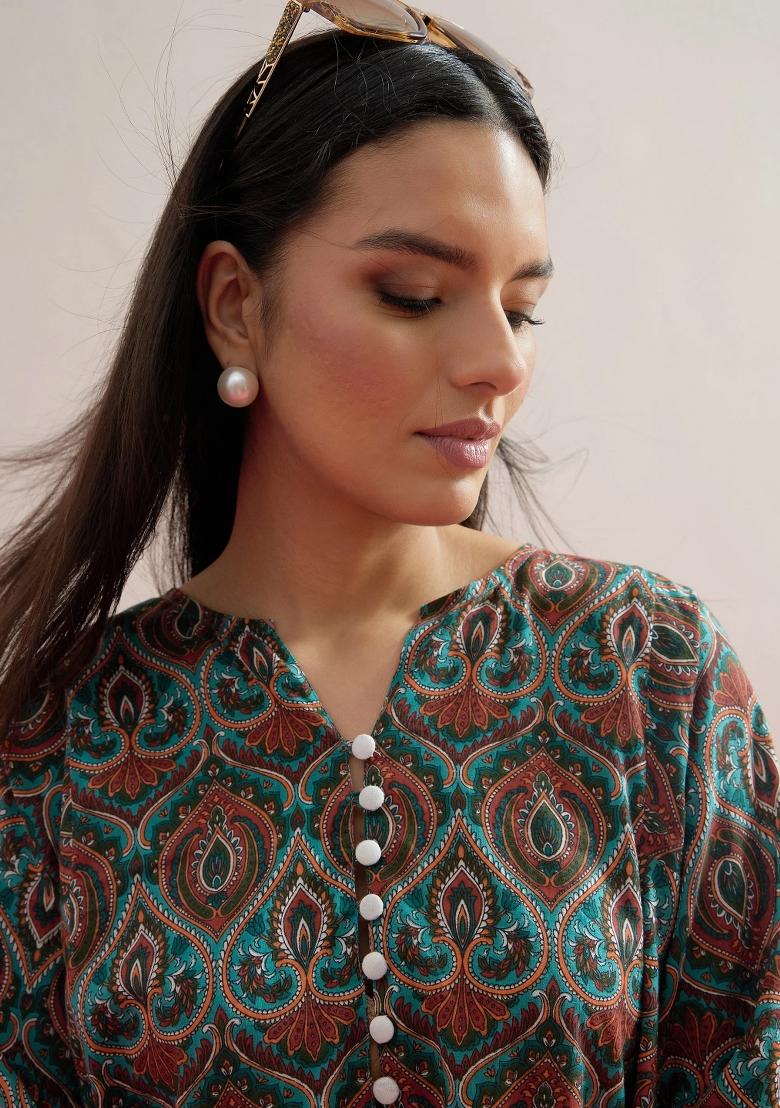 Green Printed Cotton Kurta Set - Indya