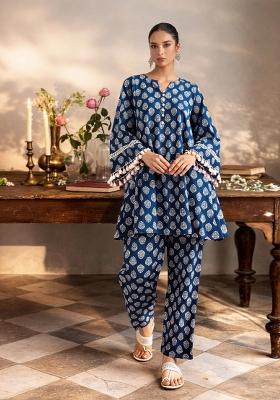 Blue Printed Cotton Kurta Set