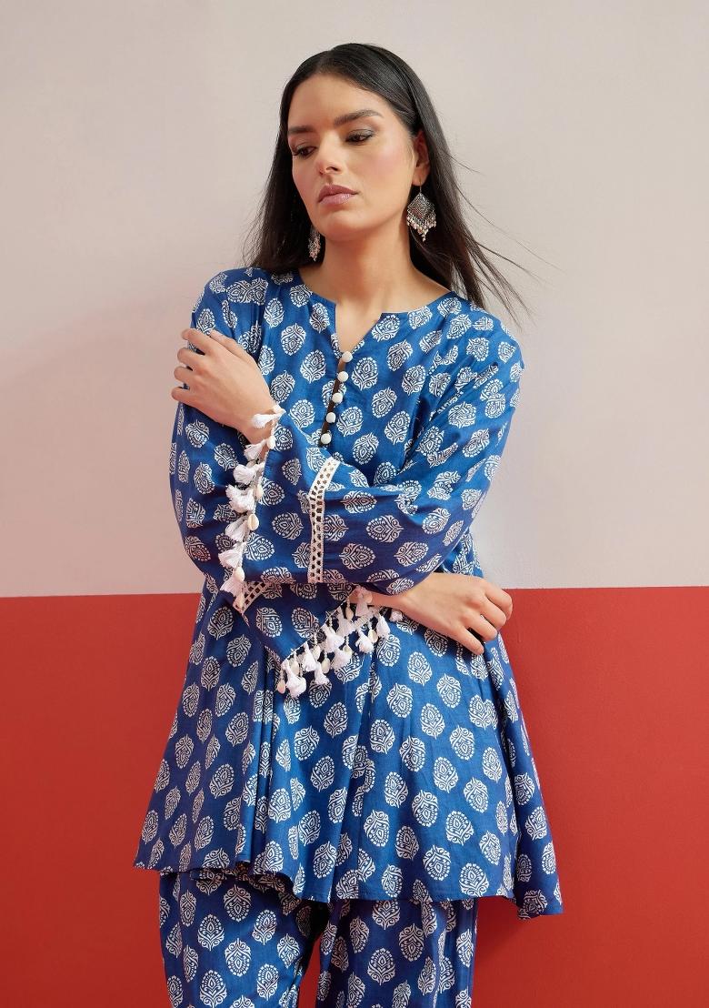Blue Printed Cotton Kurta Set - Indya