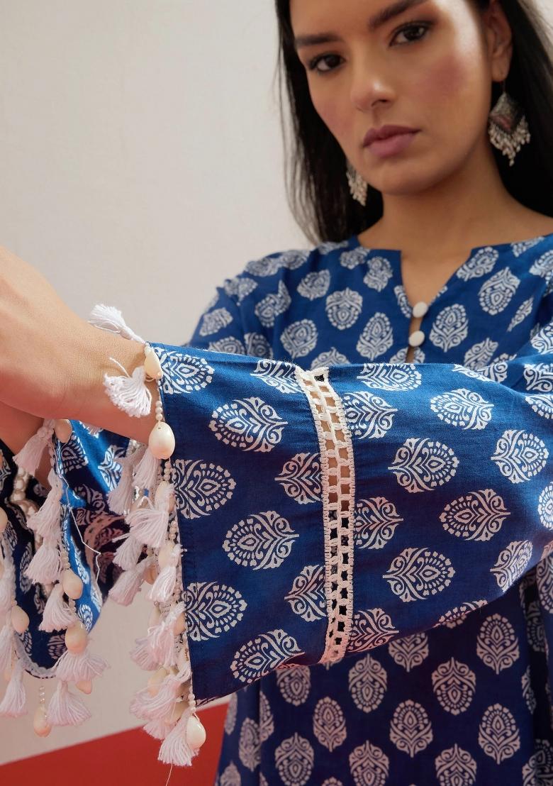 Blue Printed Cotton Kurta Set - Indya