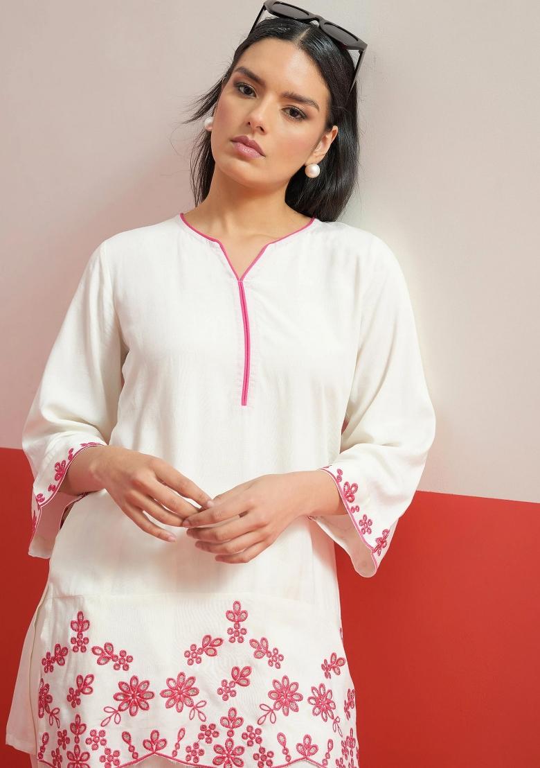White Solid Rayon Kurta Set - Indya