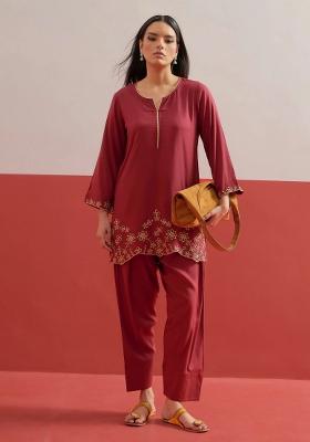 Maroon Solid Rayon Kurta Set