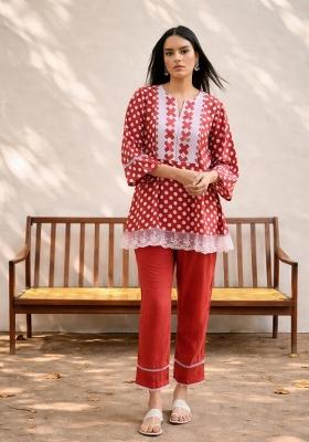 Red Printed Rayon Kurta Set
