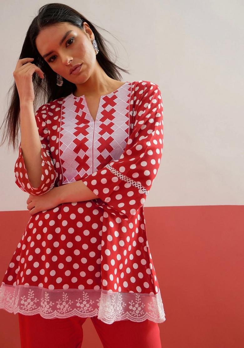 Red Printed Rayon Kurta Set - Indya