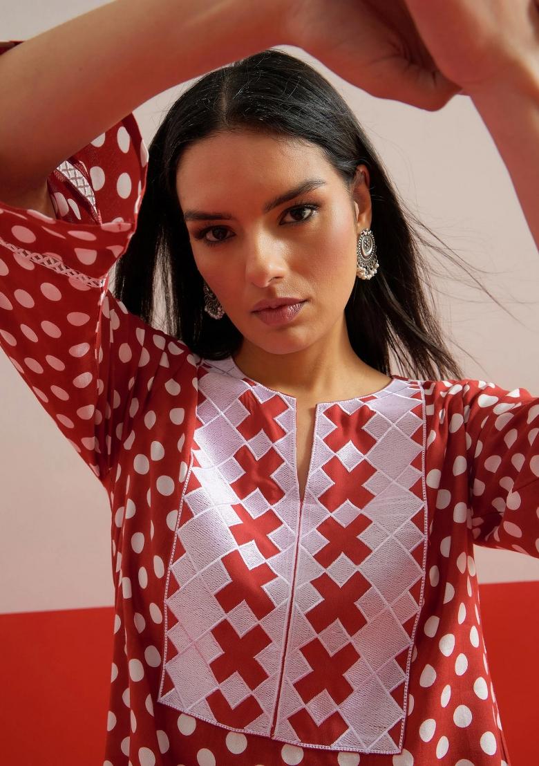 Red Printed Rayon Kurta Set - Indya