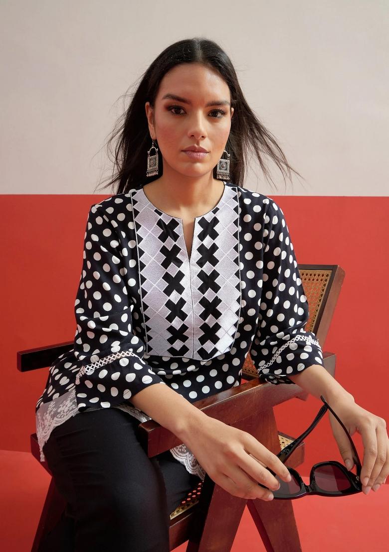 Black Printed Rayon Kurta Set - Indya