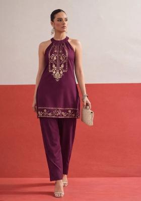 Burgundy Printed Rayon Kurta Set