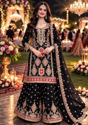 Black Embroidered Chinon Kurta Set