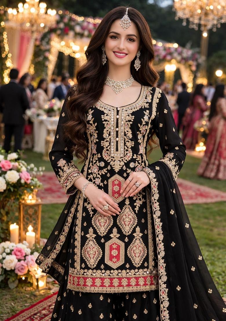 Black Embroidered Chinon Kurta Set - Indya