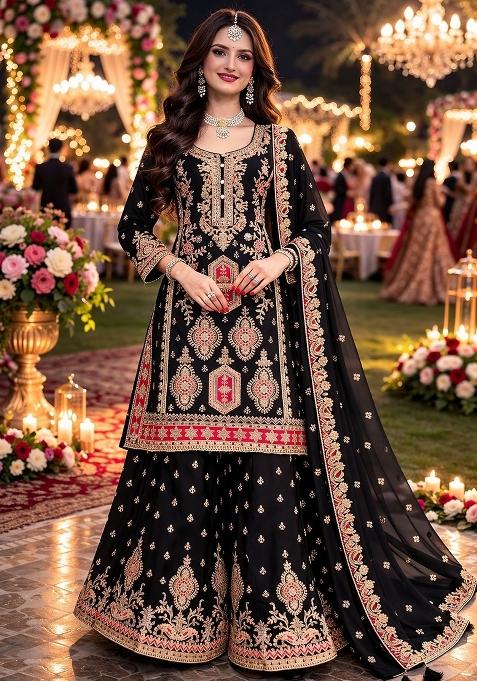 Black Embroidered Chinon Kurta Set