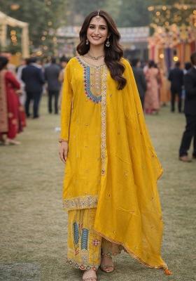 Yellow Embroidered Chinon Kurta Set